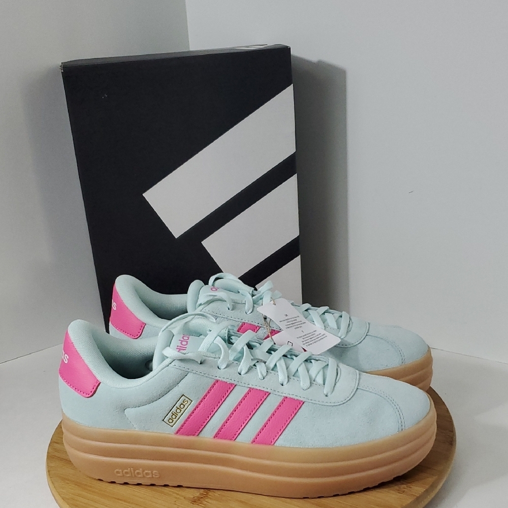 Adidas VL Court Bold Mint Pink Stripes Suede Skateboarding Sneakers W 9.5 NWT